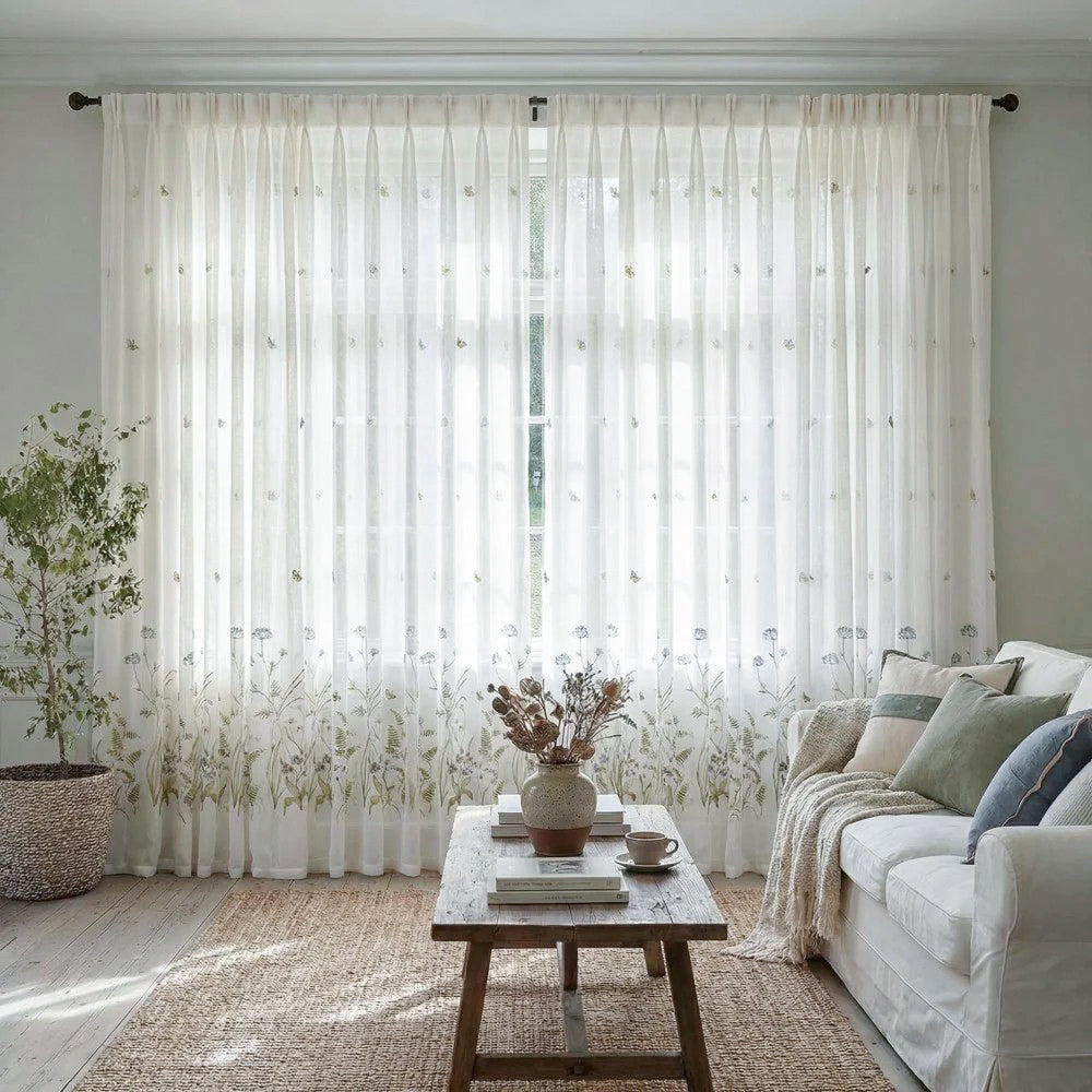 Sunny Floral Embroidered Sheer Curtains