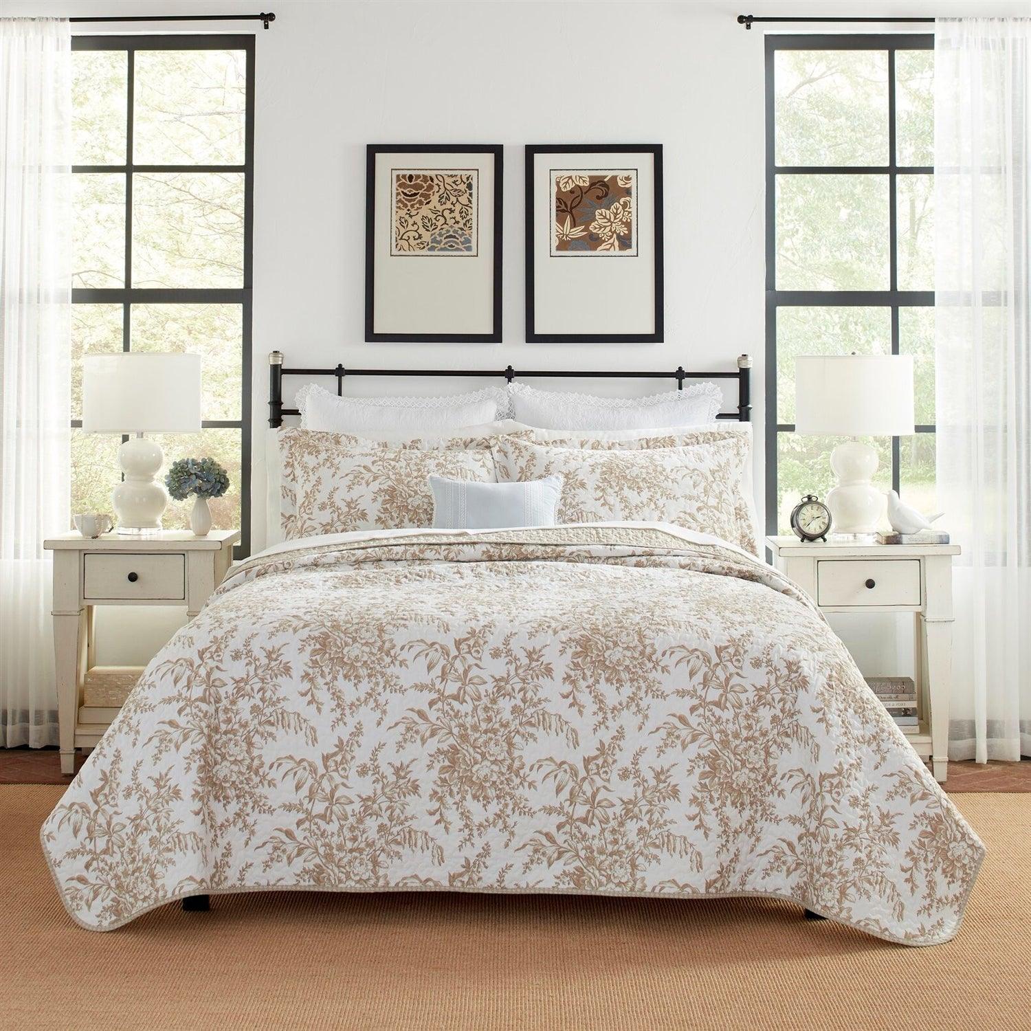 Full/Queen 3 Piece Bed-in-a-Bag Bohemian Tan Beige Floral Cotton Quilt Set - PRHOMZ