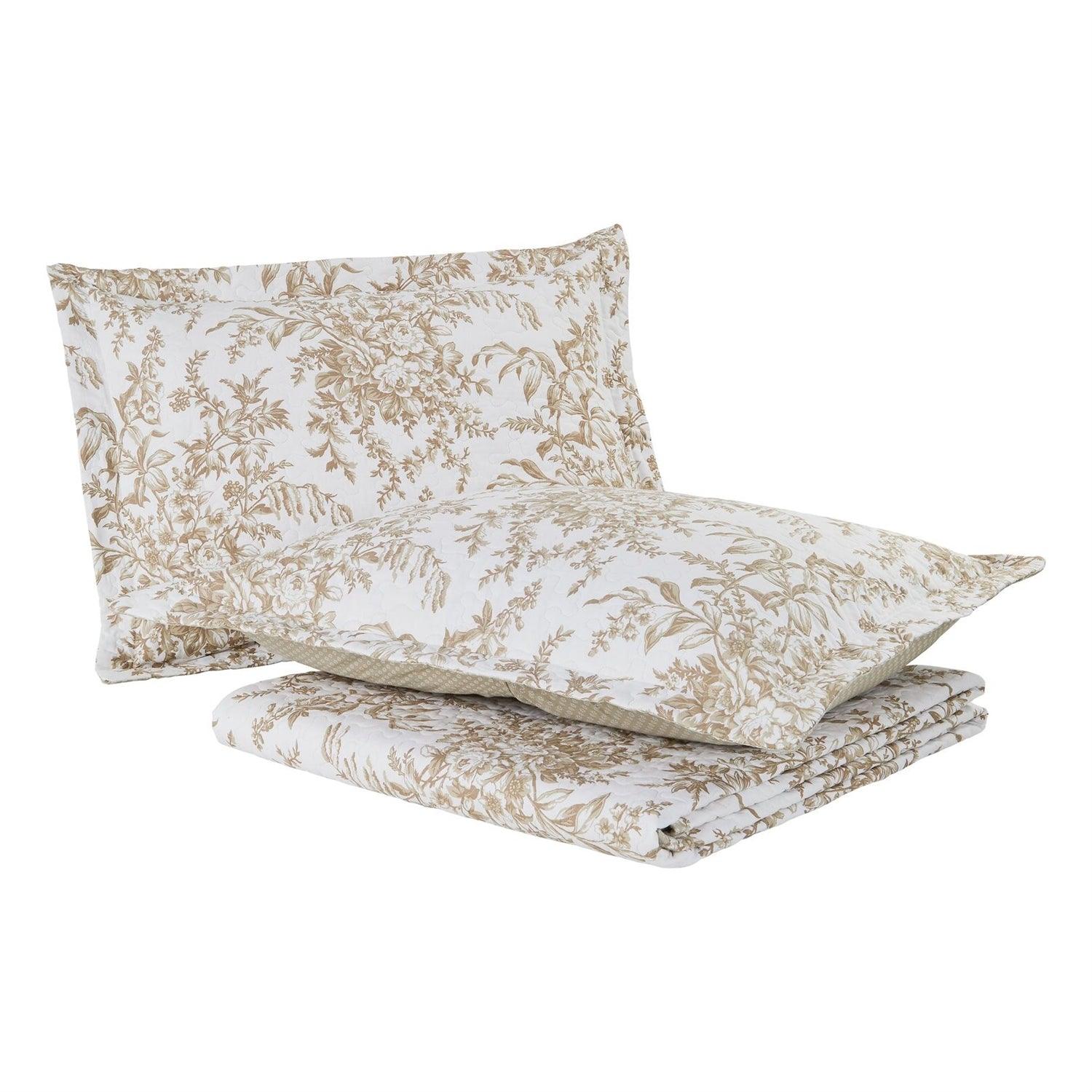 Full/Queen 3 Piece Bed-in-a-Bag Bohemian Tan Beige Floral Cotton Quilt Set - PRHOMZ