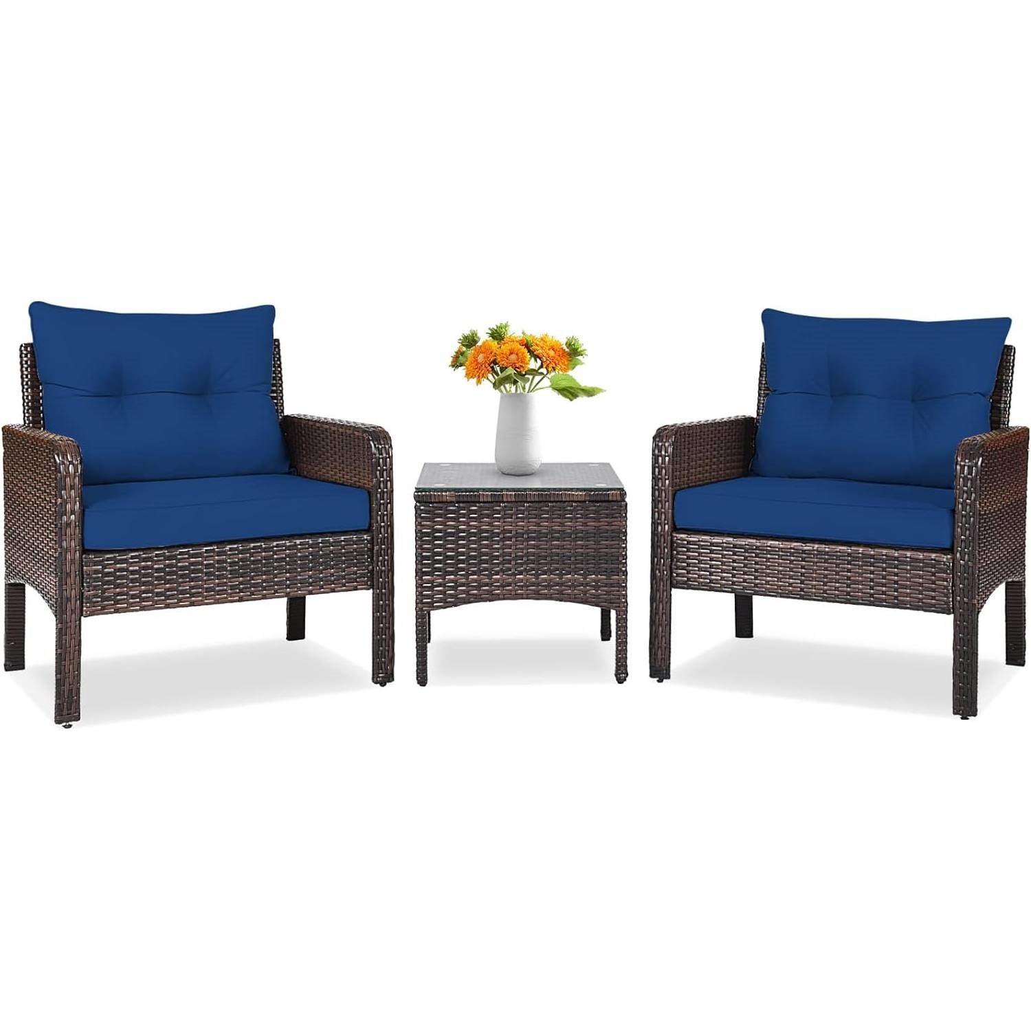3-Piece Brown PE Rattan Outdoor Dining Patio Furniture Set with Blue Cushions - PRHOMZ