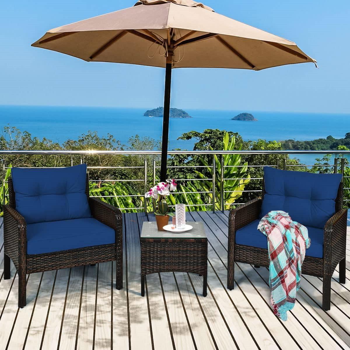 3-Piece Brown PE Rattan Outdoor Dining Patio Furniture Set with Blue Cushions - PRHOMZ