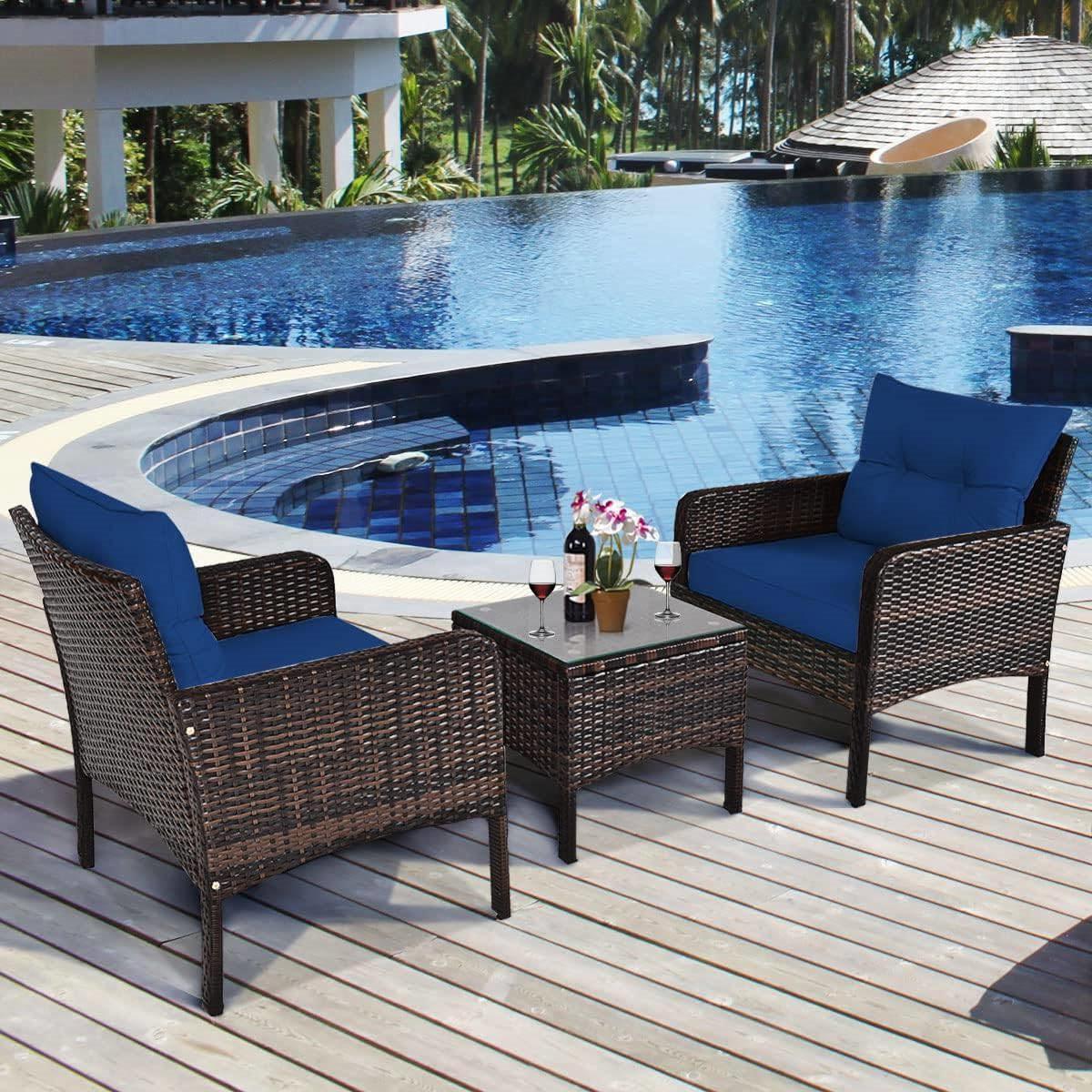 3-Piece Brown PE Rattan Outdoor Dining Patio Furniture Set with Blue Cushions - PRHOMZ