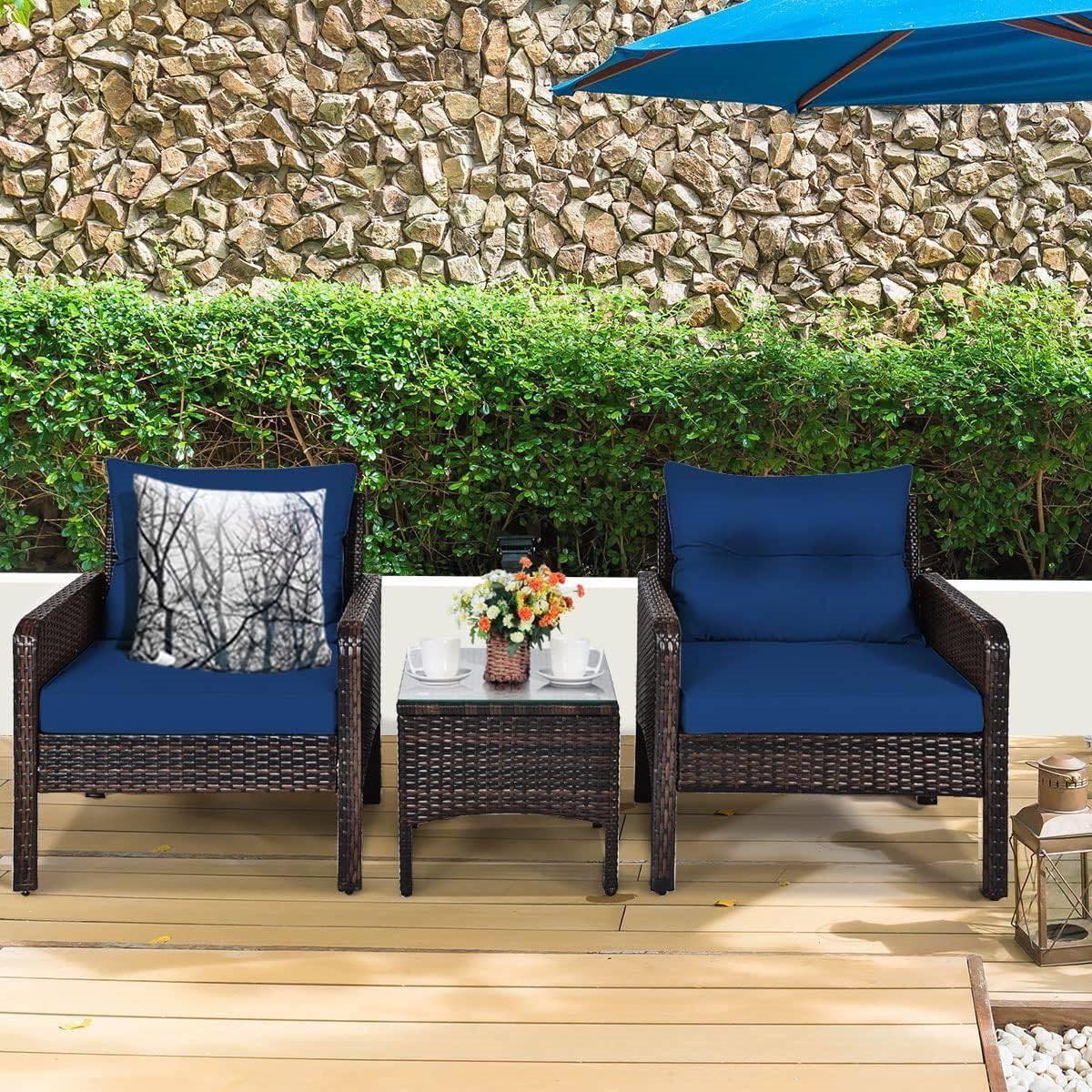 3-Piece Brown PE Rattan Outdoor Dining Patio Furniture Set with Blue Cushions - PRHOMZ