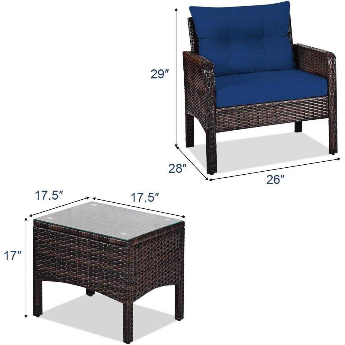 3-Piece Brown PE Rattan Outdoor Dining Patio Furniture Set with Blue Cushions - PRHOMZ