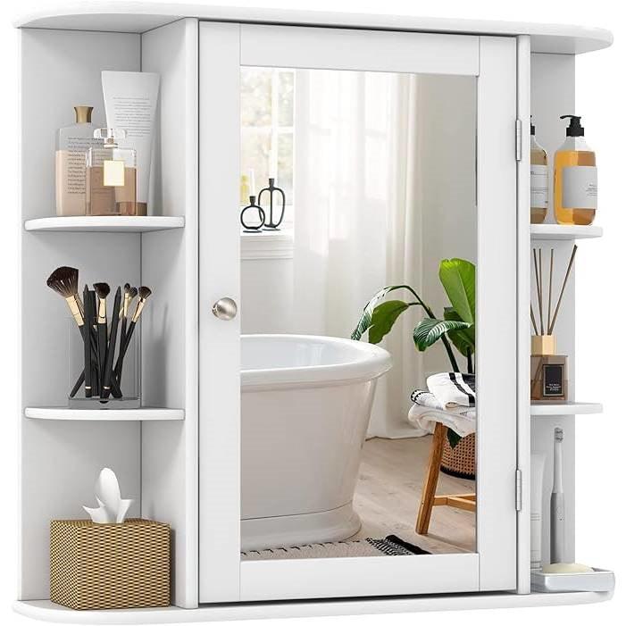 White 26 x 25 inch Bathroom Wall Mirror Medicine Cabinet with Shelves - PRHOMZ