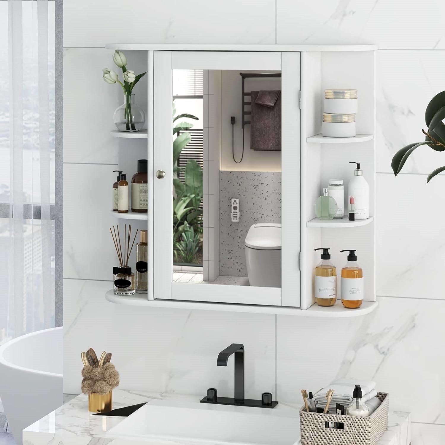 White 26 x 25 inch Bathroom Wall Mirror Medicine Cabinet with Shelves - PRHOMZ