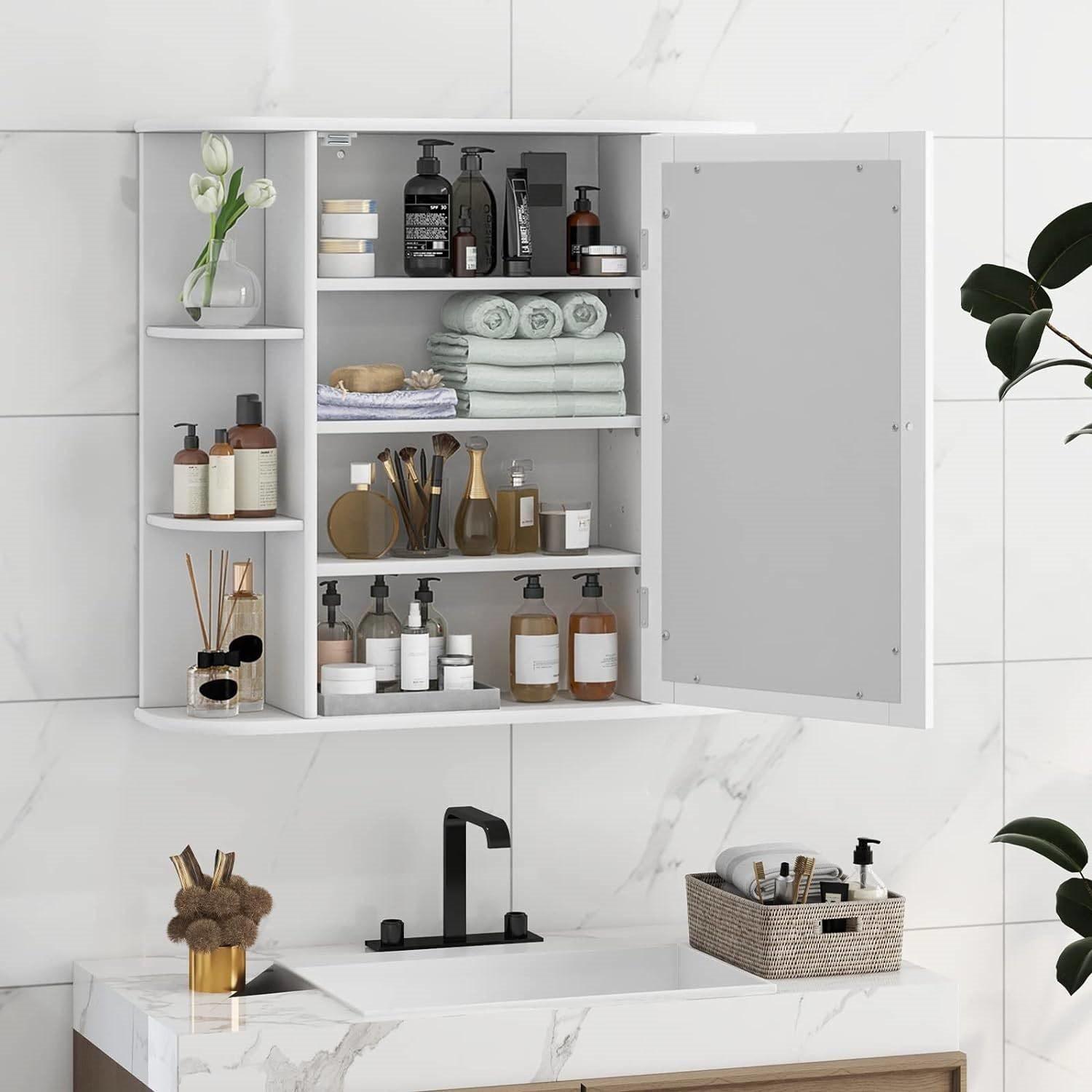 White 26 x 25 inch Bathroom Wall Mirror Medicine Cabinet with Shelves - PRHOMZ