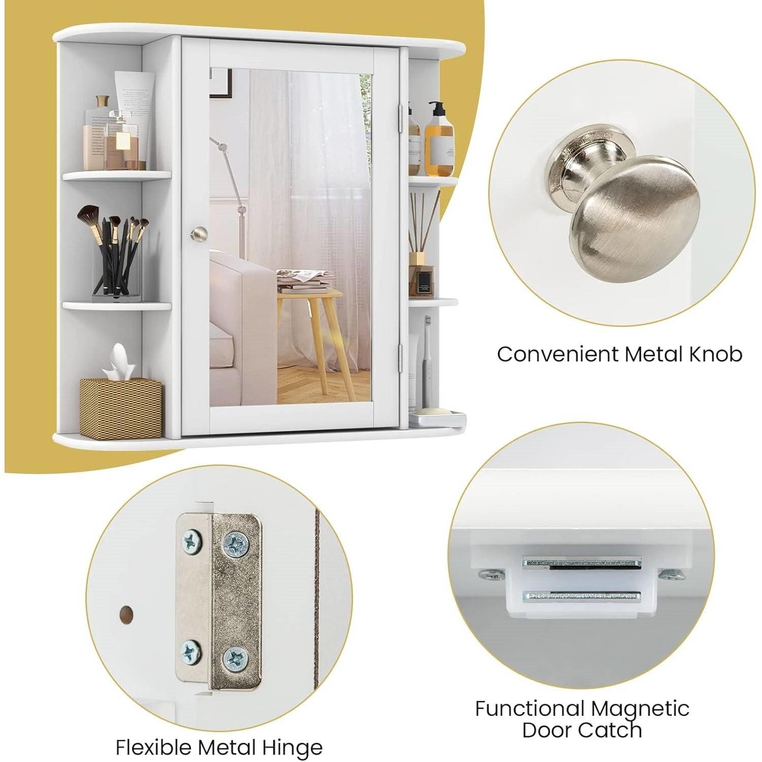 White 26 x 25 inch Bathroom Wall Mirror Medicine Cabinet with Shelves - PRHOMZ