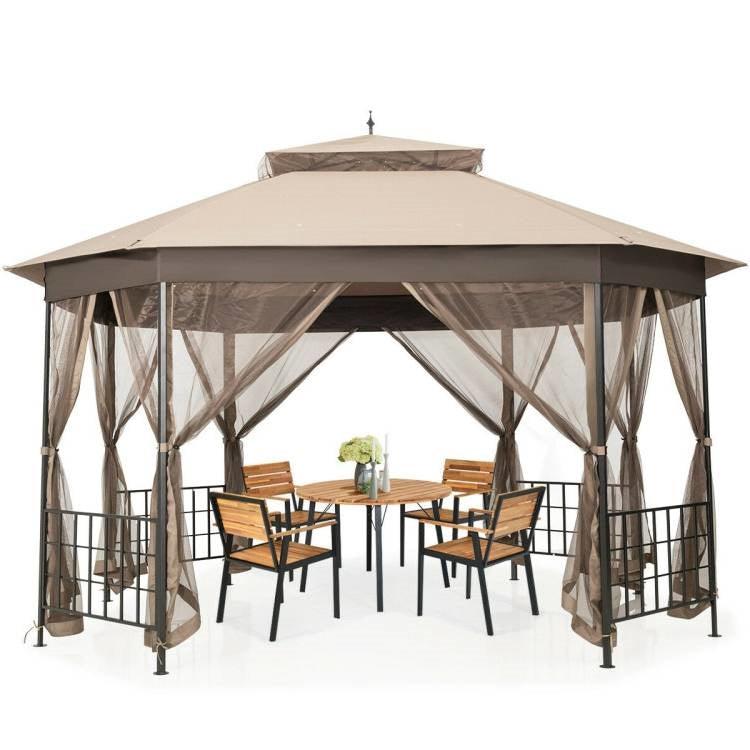 Outdoor 10 x 12 Ft Octagon Gazebo with Mosquito Net Sidewalls and Brown Canopy - PRHOMZ