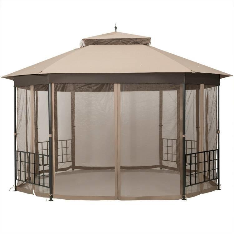 Outdoor 10 x 12 Ft Octagon Gazebo with Mosquito Net Sidewalls and Brown Canopy - PRHOMZ