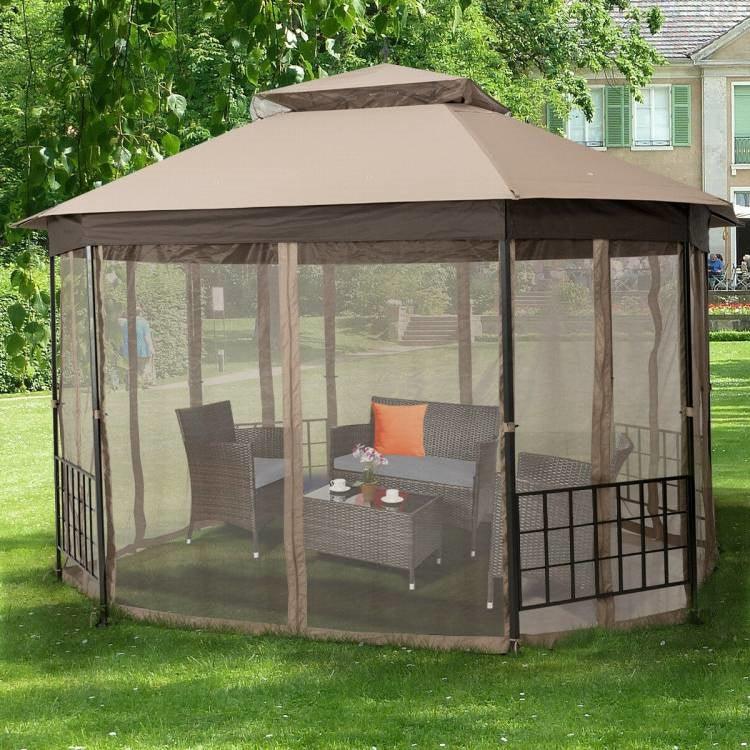 Outdoor 10 x 12 Ft Octagon Gazebo with Mosquito Net Sidewalls and Brown Canopy - PRHOMZ
