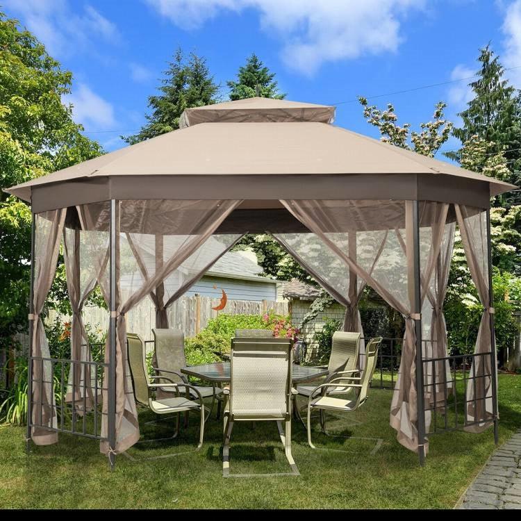 Outdoor 10 x 12 Ft Octagon Gazebo with Mosquito Net Sidewalls and Brown Canopy - PRHOMZ
