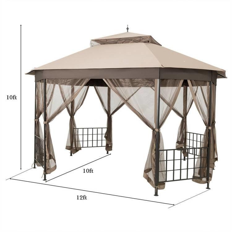 Outdoor 10 x 12 Ft Octagon Gazebo with Mosquito Net Sidewalls and Brown Canopy - PRHOMZ