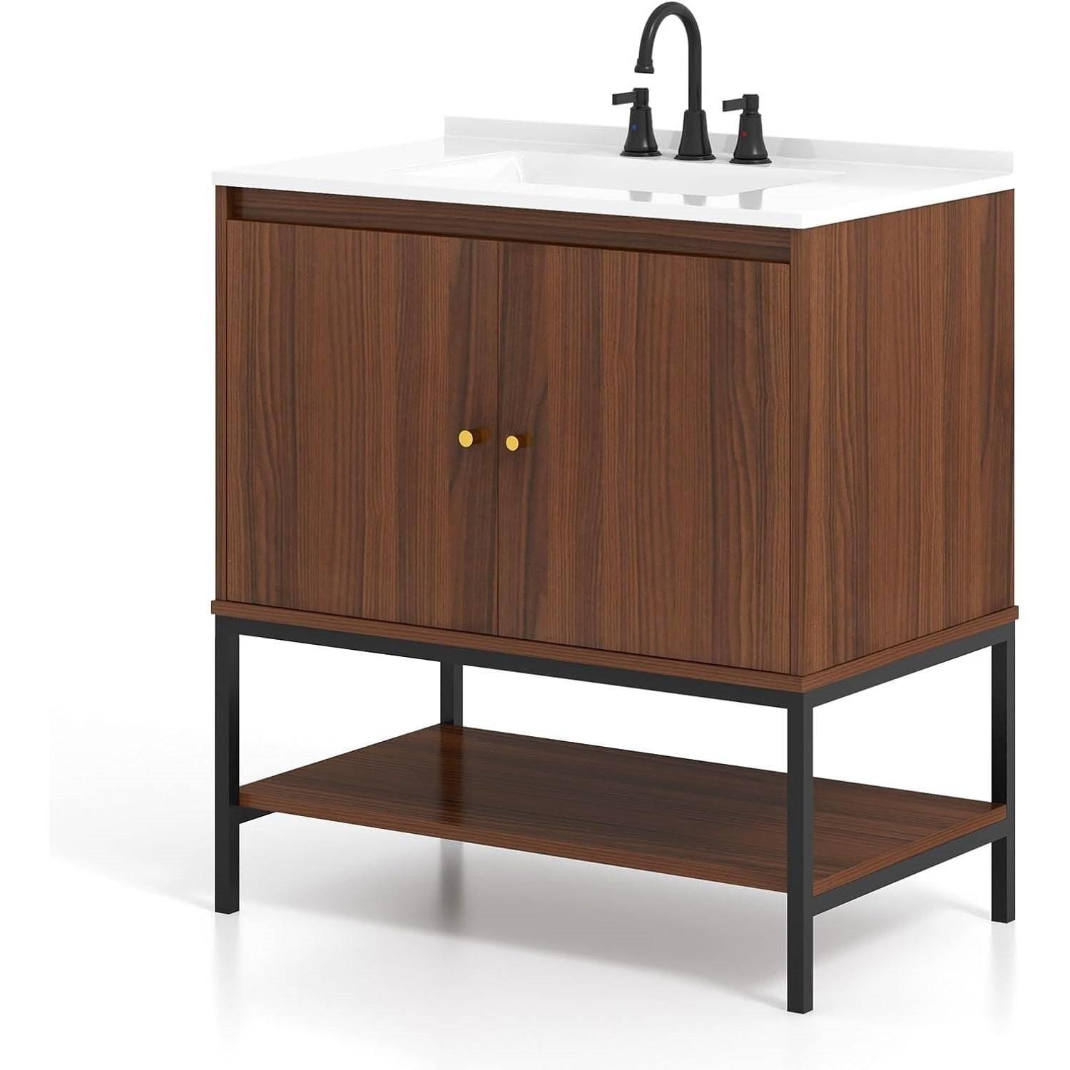 Modern Freestanding Bathroom Vanity in Walnut Wood Finish with Sink and Faucet - PRHOMZ