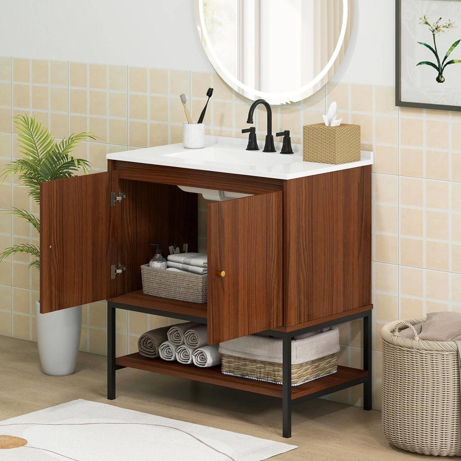 Modern Freestanding Bathroom Vanity in Walnut Wood Finish with Sink and Faucet - PRHOMZ