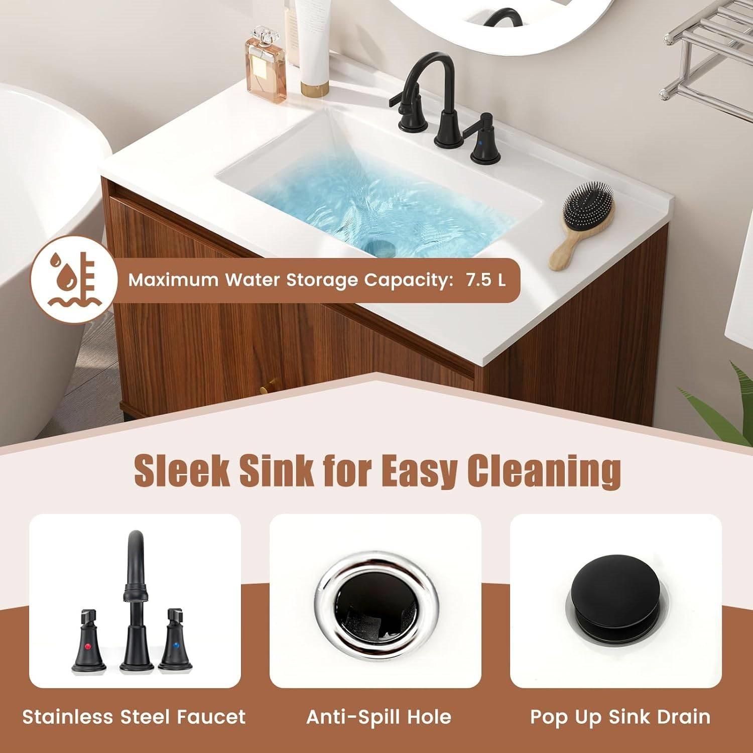 Modern Freestanding Bathroom Vanity in Walnut Wood Finish with Sink and Faucet - PRHOMZ