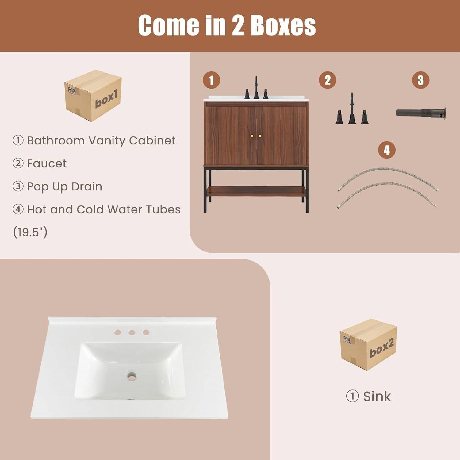 Modern Freestanding Bathroom Vanity in Walnut Wood Finish with Sink and Faucet - PRHOMZ