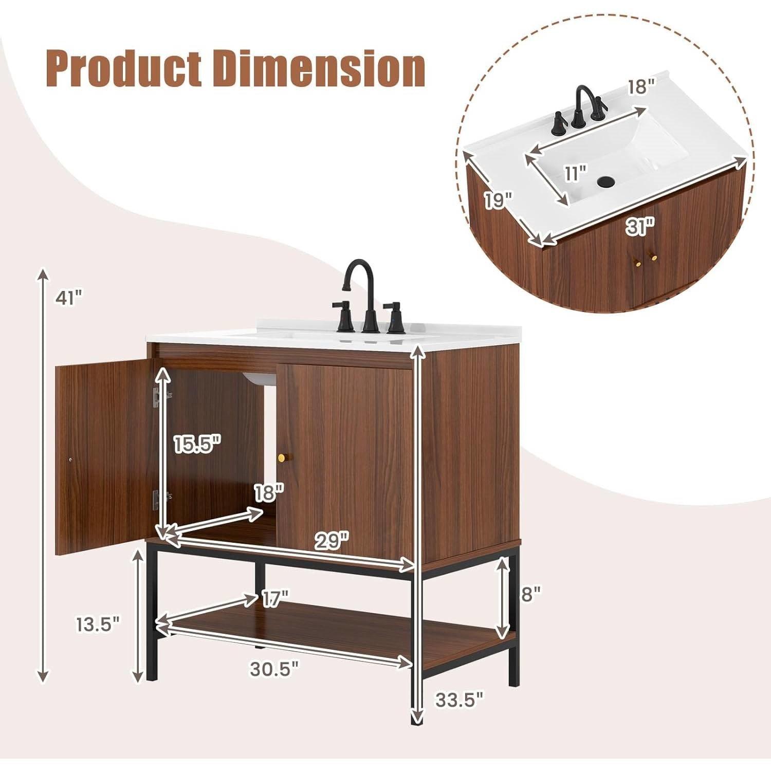 Modern Freestanding Bathroom Vanity in Walnut Wood Finish with Sink and Faucet - PRHOMZ