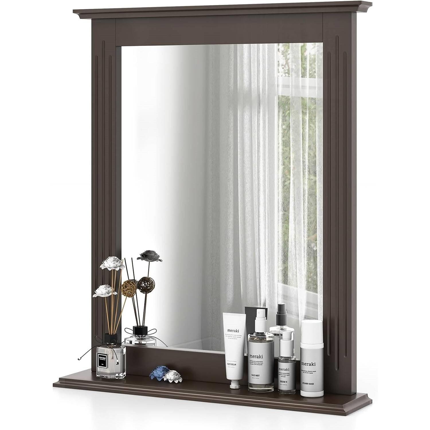 27-in x 22.5-in Bathroom Wall Mirror with Shelf in Dark Brown Wood Finish - PRHOMZ
