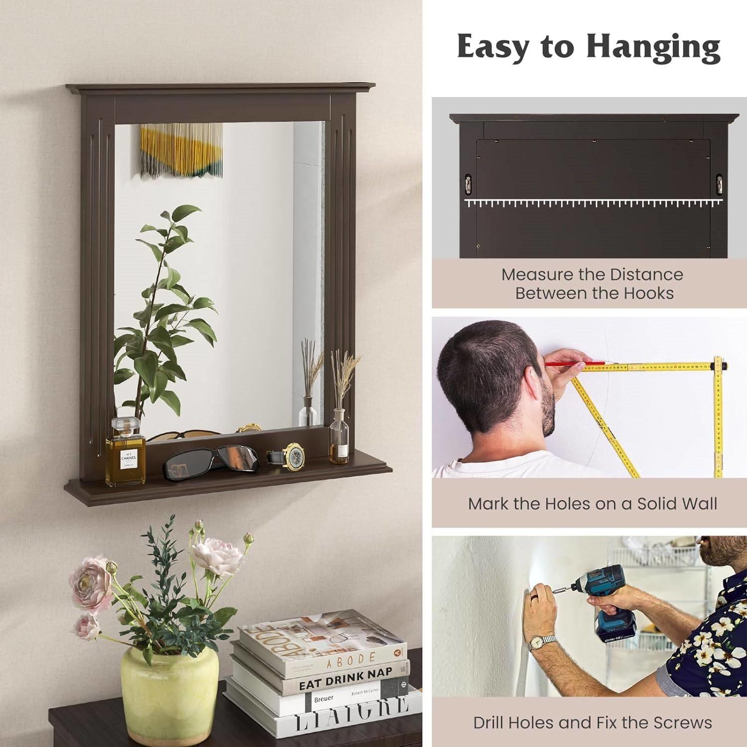 27-in x 22.5-in Bathroom Wall Mirror with Shelf in Dark Brown Wood Finish - PRHOMZ