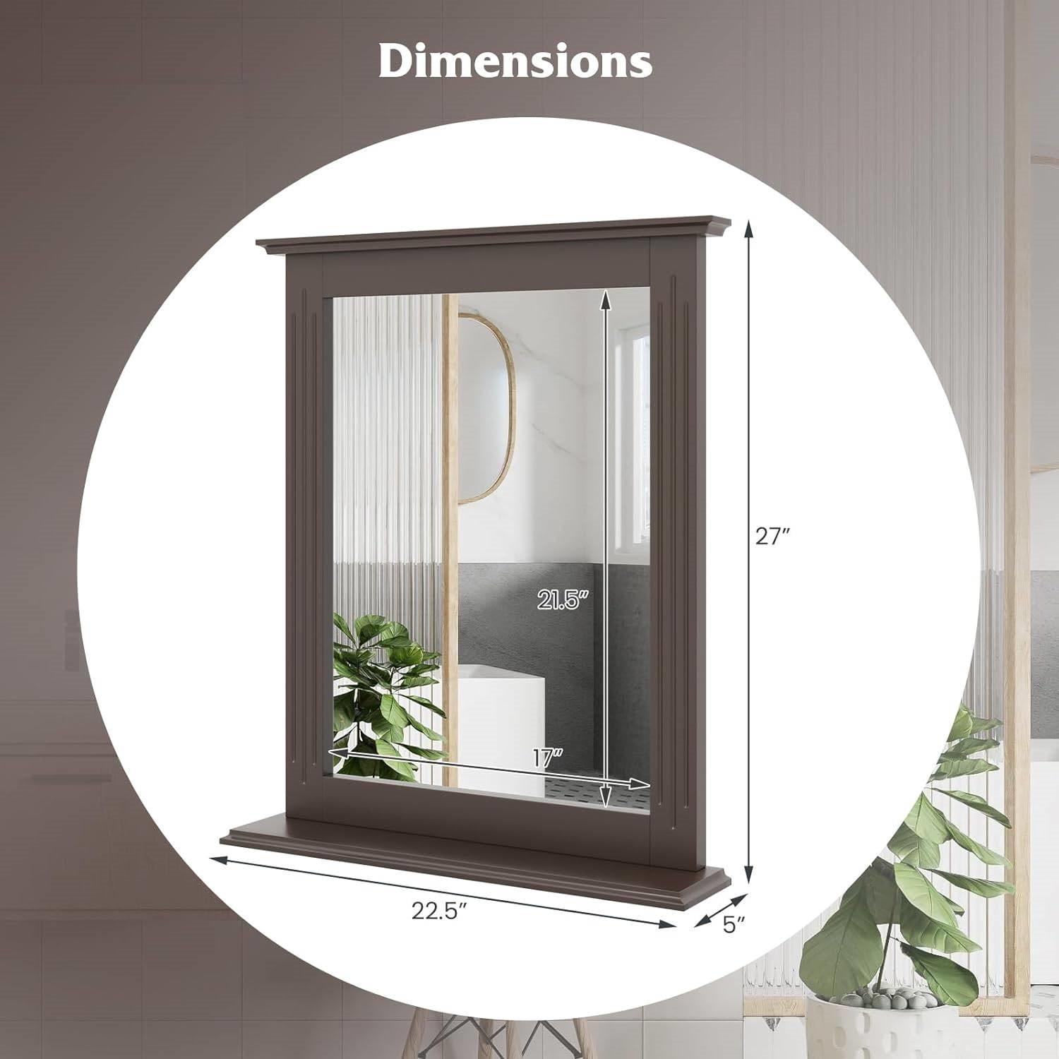 27-in x 22.5-in Bathroom Wall Mirror with Shelf in Dark Brown Wood Finish - PRHOMZ