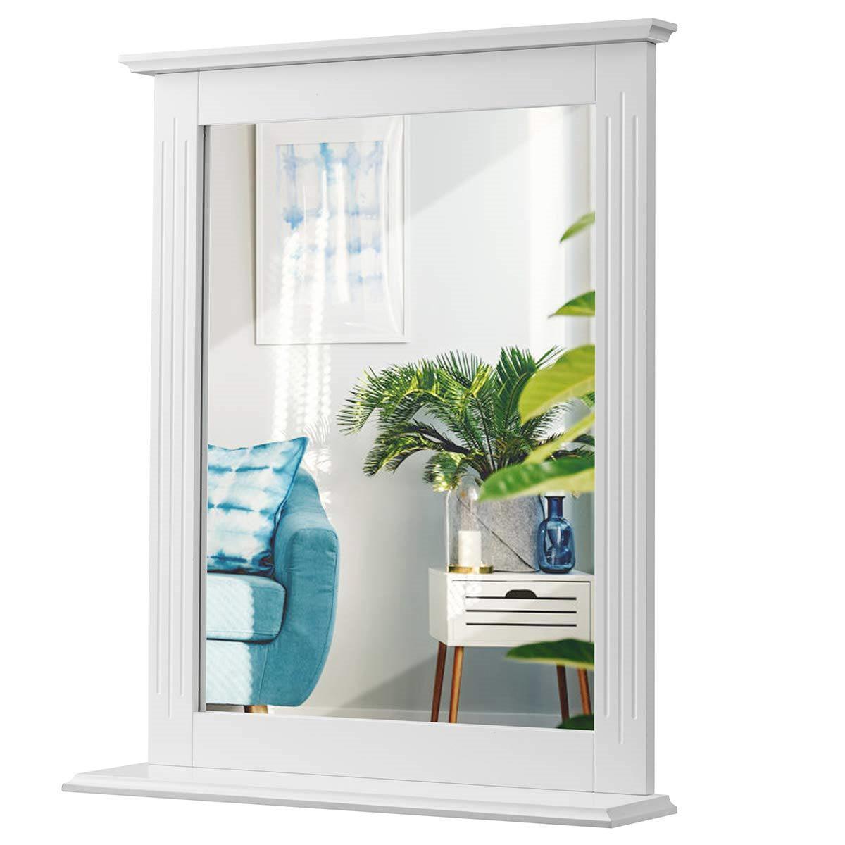 White Rectangle Bedroom Bathroom Vanity Wall Mirror with Bottom Shelf - PRHOMZ