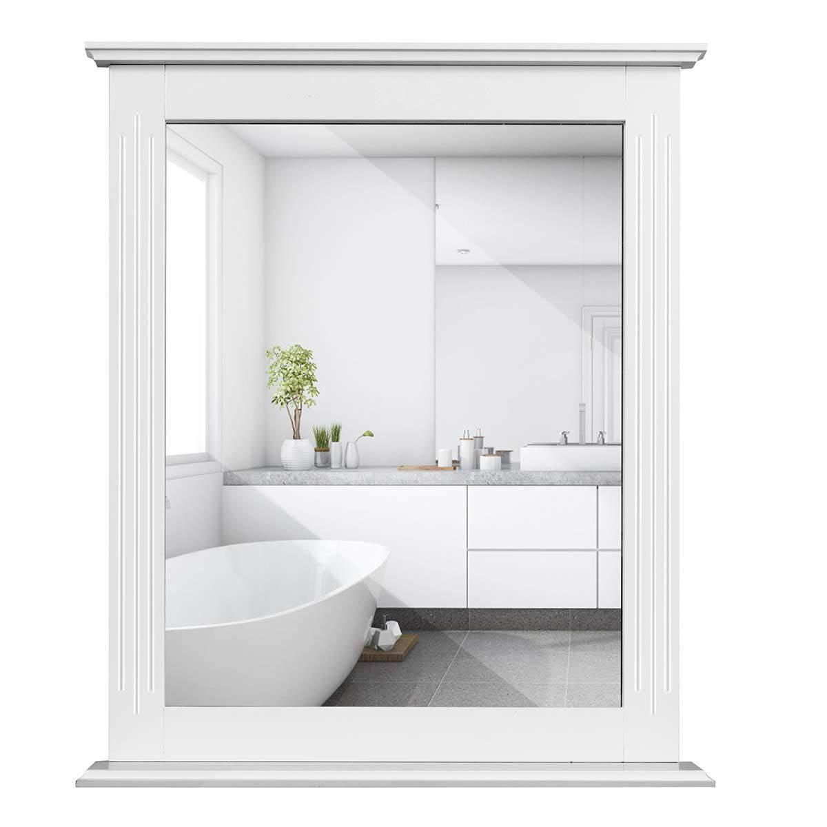 White Rectangle Bedroom Bathroom Vanity Wall Mirror with Bottom Shelf - PRHOMZ