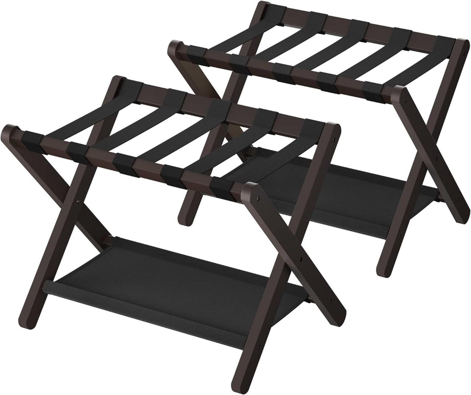 Set of 2 - Sturdy Bamboo Luggage Rack in Brown Wood Finish with Bottom Shelf - PRHOMZ