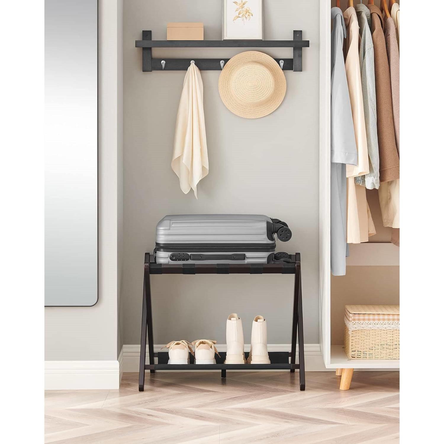 Set of 2 - Sturdy Bamboo Luggage Rack in Brown Wood Finish with Bottom Shelf - PRHOMZ