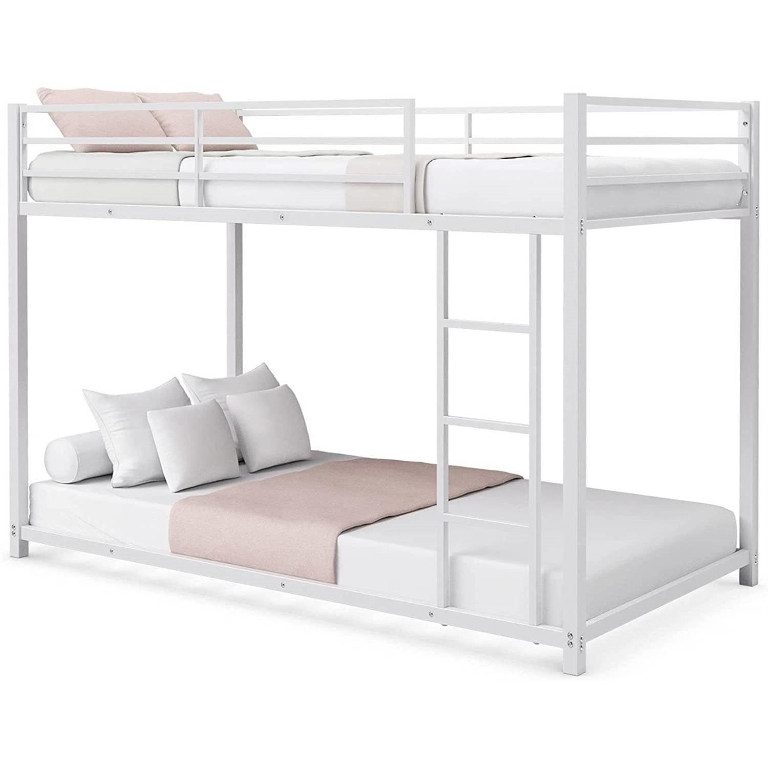Twin over Twin Low Profile Modern Bunk Bed Frame in White Metal Finish - PRHOMZ