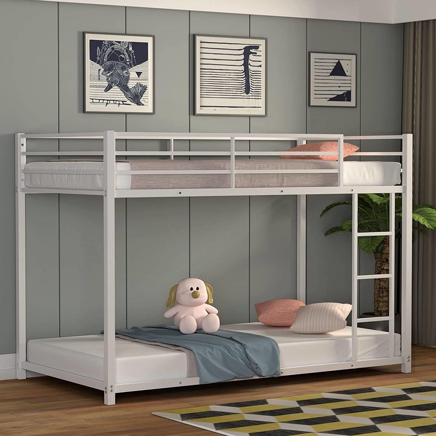 Twin over Twin Low Profile Modern Bunk Bed Frame in White Metal Finish - PRHOMZ