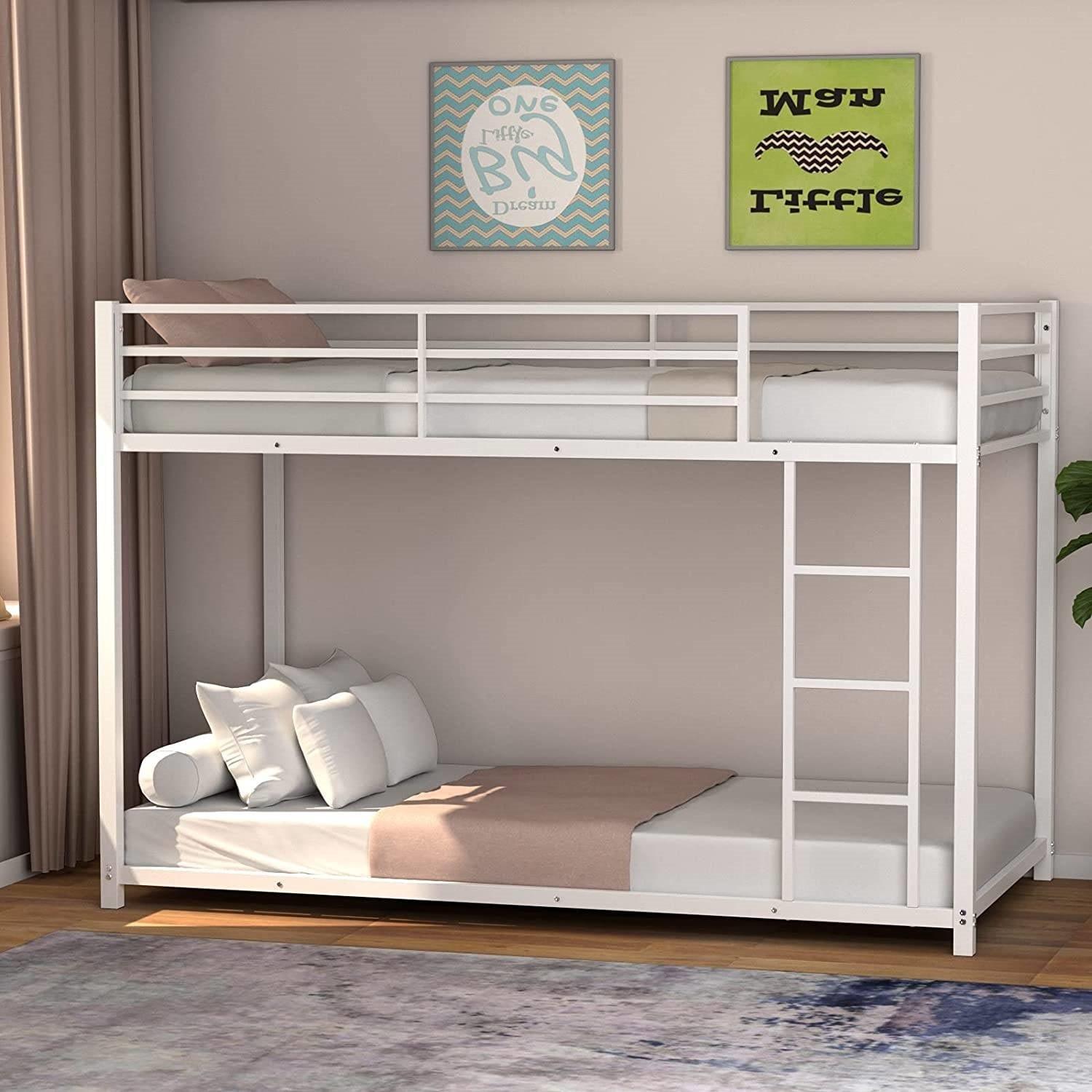 Twin over Twin Low Profile Modern Bunk Bed Frame in White Metal Finish - PRHOMZ