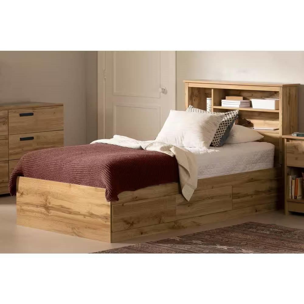 Twin size Modern Scandinavian Style Bookcase Headboard in Oak Wood Finish - PRHOMZ