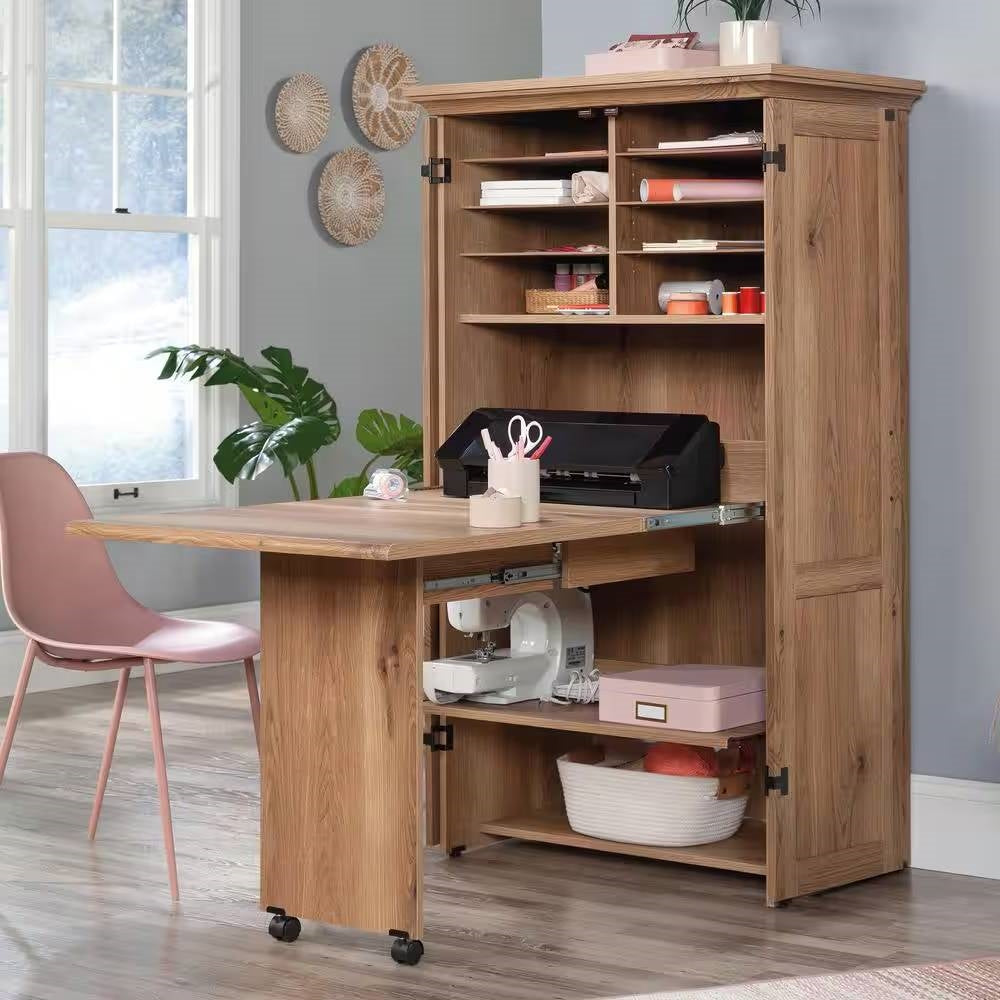 Drop Leaf Computer Desk Craft Table Armoire in Oak Wood Finish - Made in USA-0