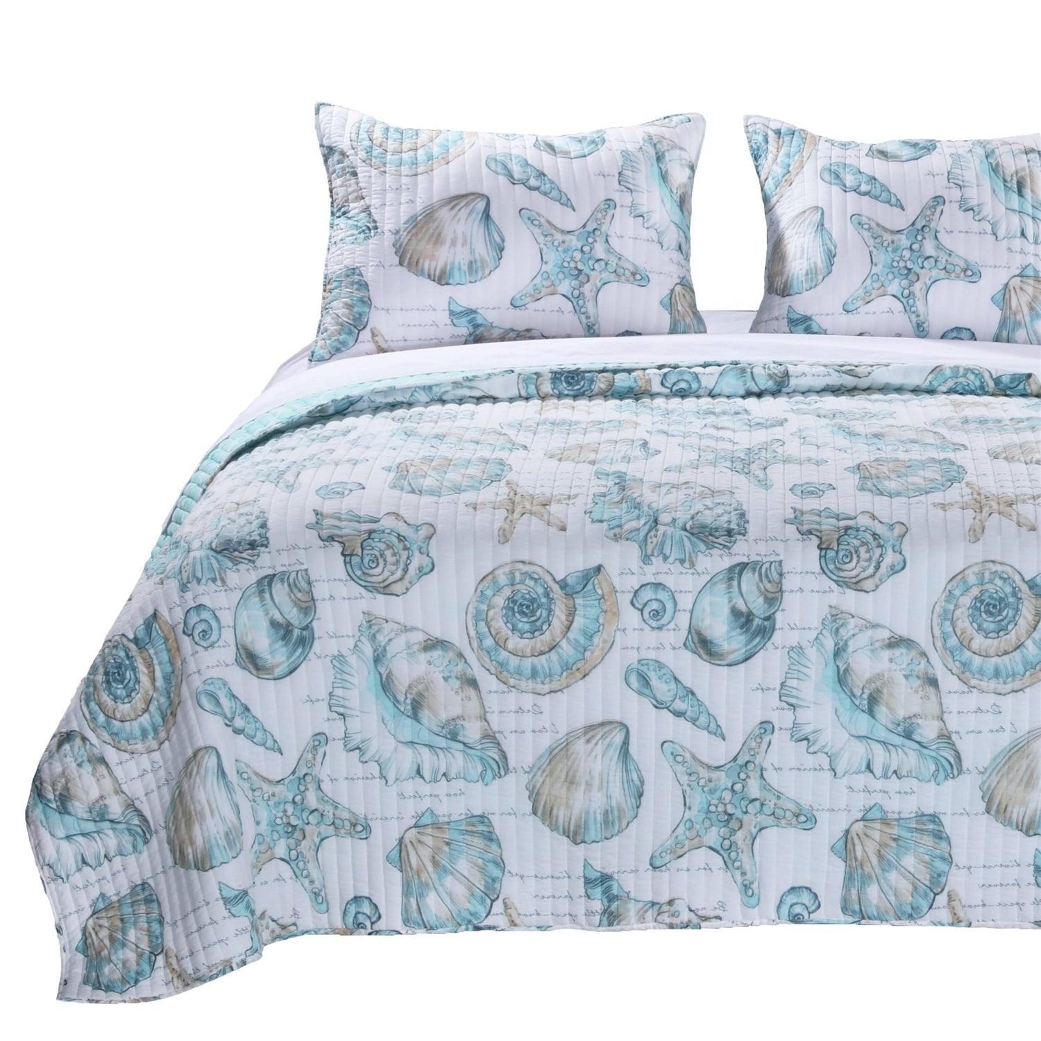 Twin Coastal Seashells White Teal 2 Piece Polyester Reversible Quilt Set - PRHOMZ