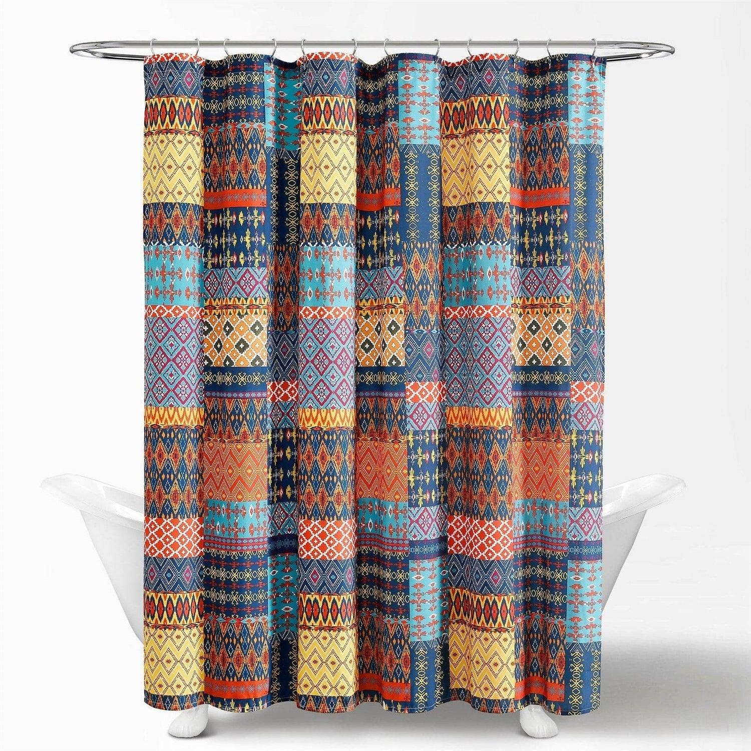 72-inch Navy Blue Orange Yellow Teal Boho Patchwork Polyester Shower Curtain-0