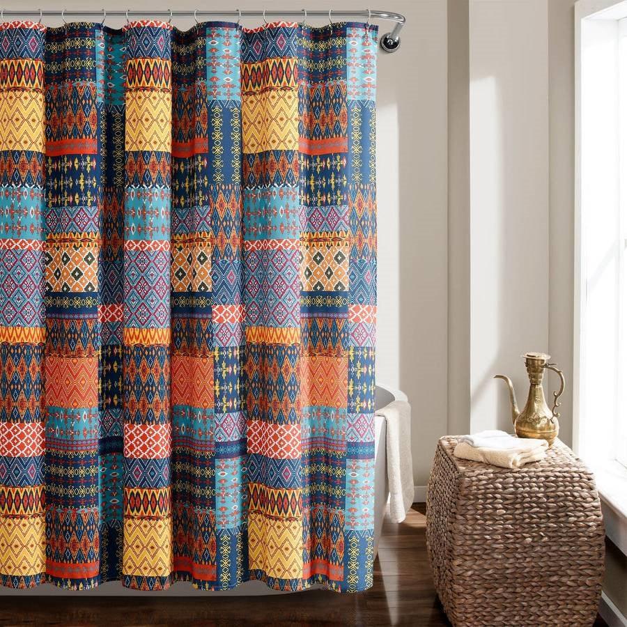 72-inch Navy Blue Orange Yellow Teal Boho Patchwork Polyester Shower Curtain-1