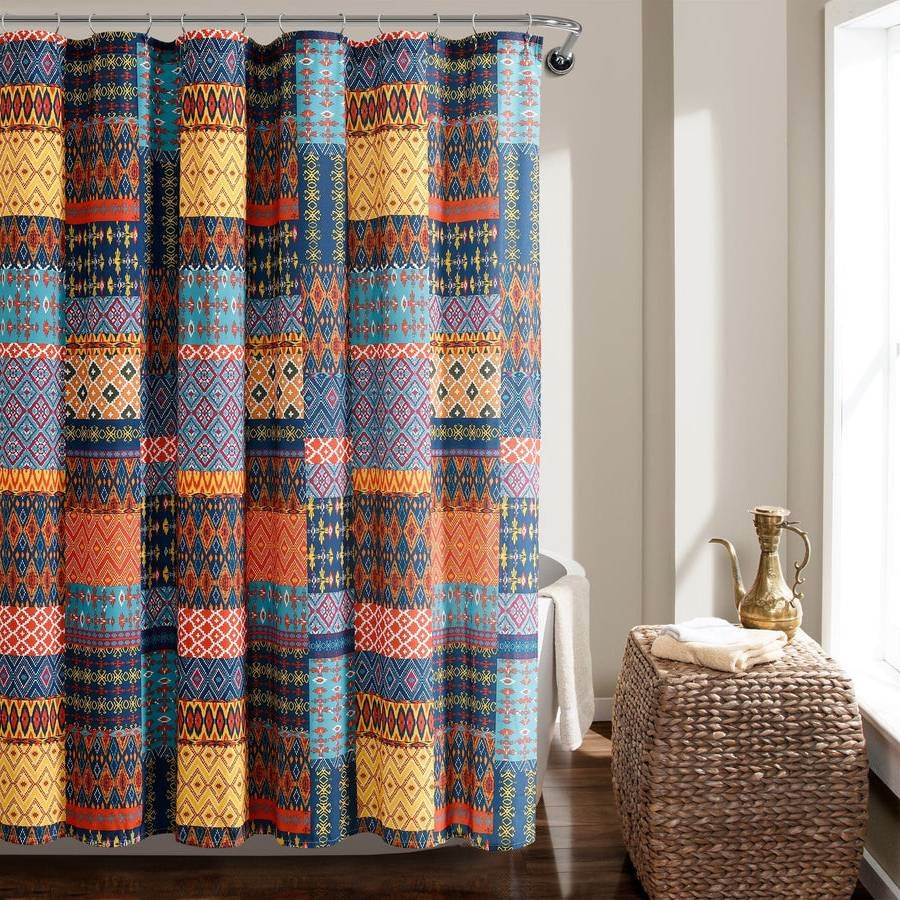 72-inch Navy Blue Orange Yellow Teal Boho Patchwork Polyester Shower Curtain