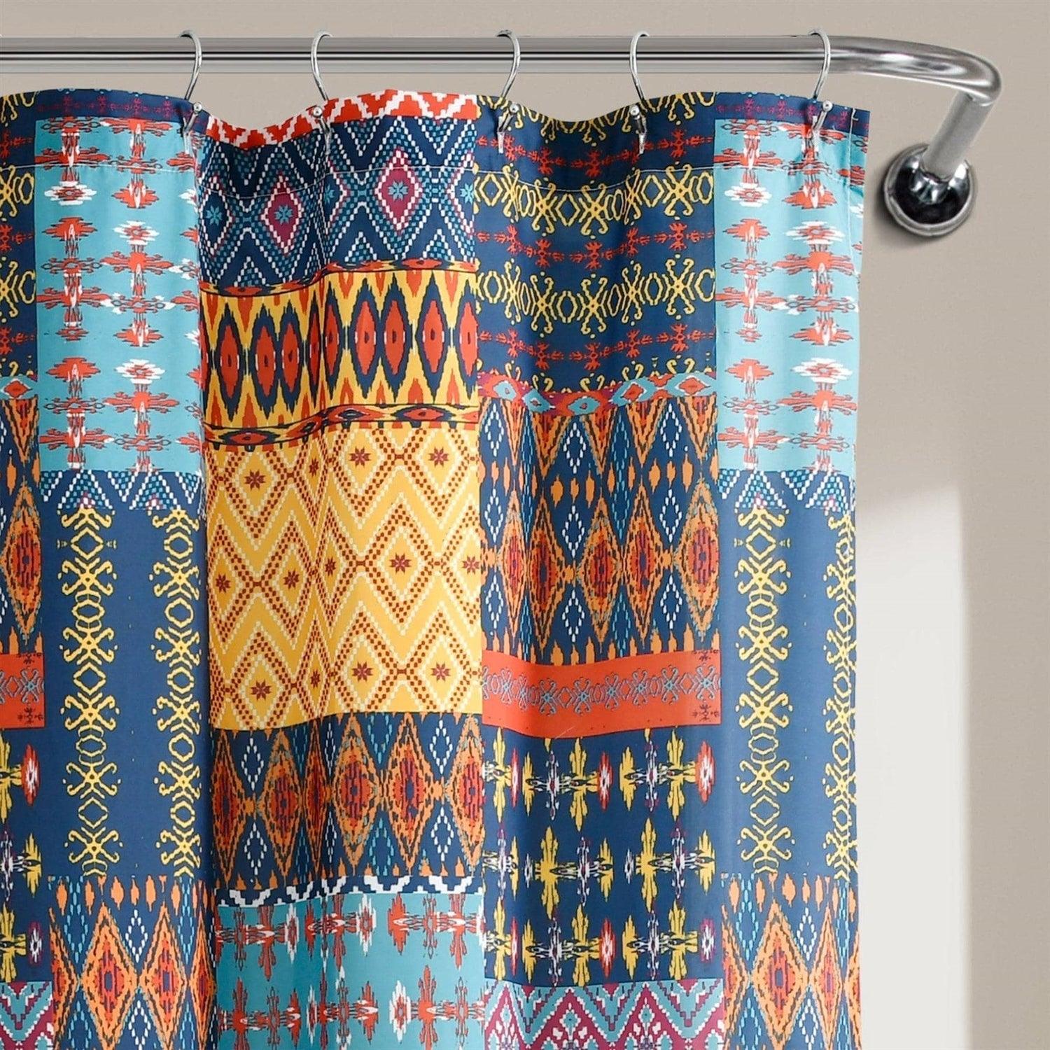 72-inch Navy Blue Orange Yellow Teal Boho Patchwork Polyester Shower Curtain-2