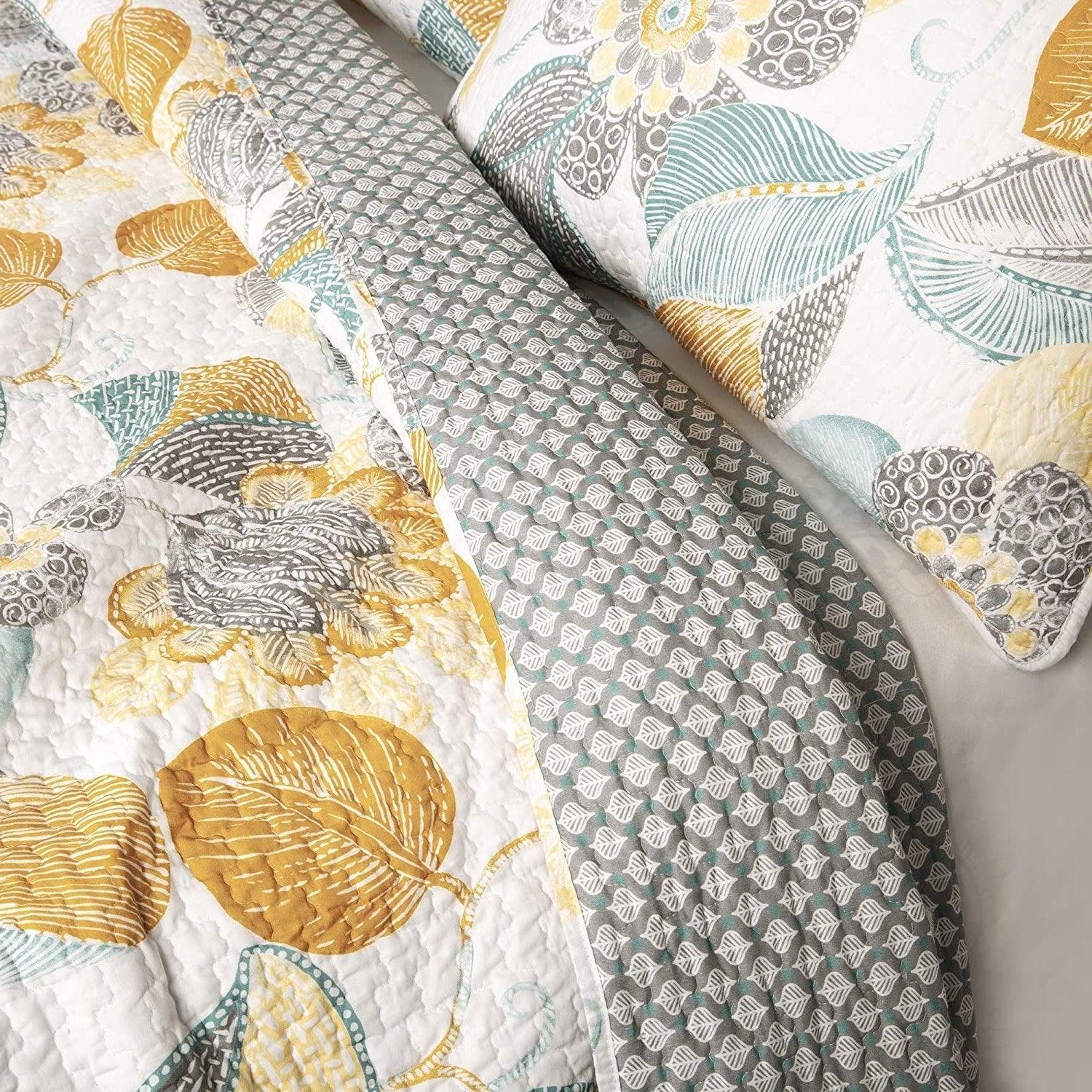 Full/Queen 3 Piece Reversible Yellow Grey Teal Floral Leaves Cotton Quilt Set - PRHOMZ