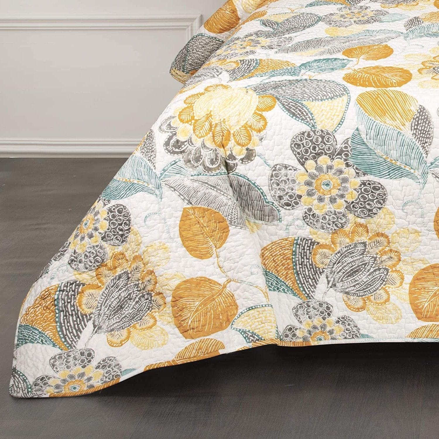 Full/Queen 3 Piece Reversible Yellow Grey Teal Floral Leaves Cotton Quilt Set - PRHOMZ