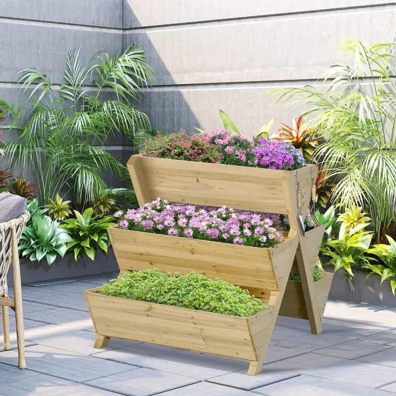 3-Tier Outdoor Fir Wood Elevated Planter Herb Flower Box Raised Garden Bed - PRHOMZ