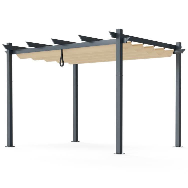 Modern 10 x 12 Ft Outdoor Sturdy Pergola Gazebo with Retractable Beige Canopy - PRHOMZ