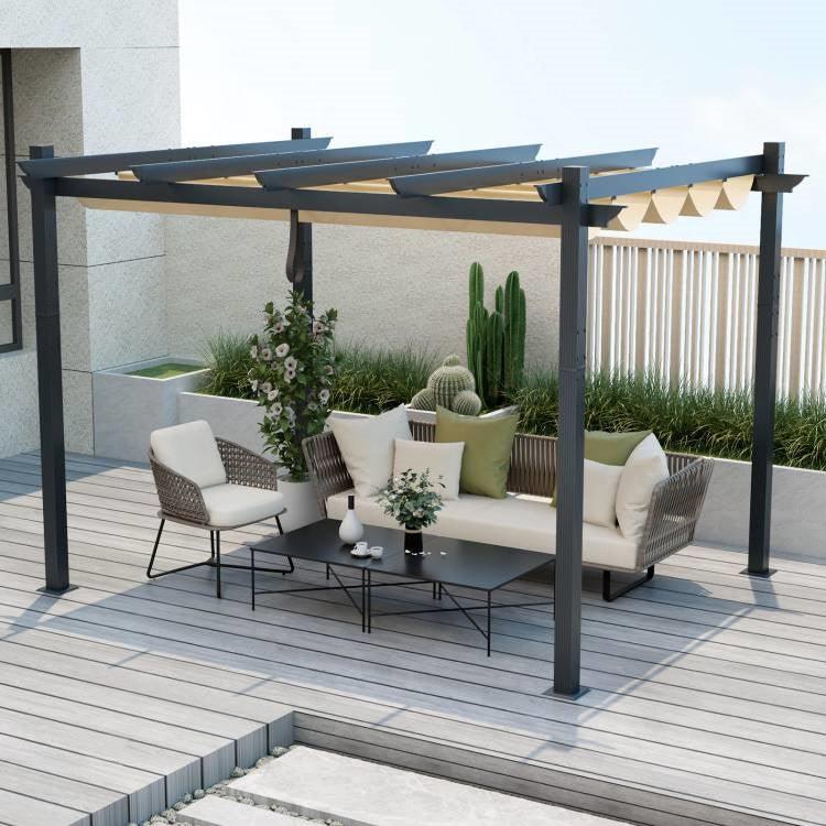 Modern 10 x 12 Ft Outdoor Sturdy Pergola Gazebo with Retractable Beige Canopy - PRHOMZ