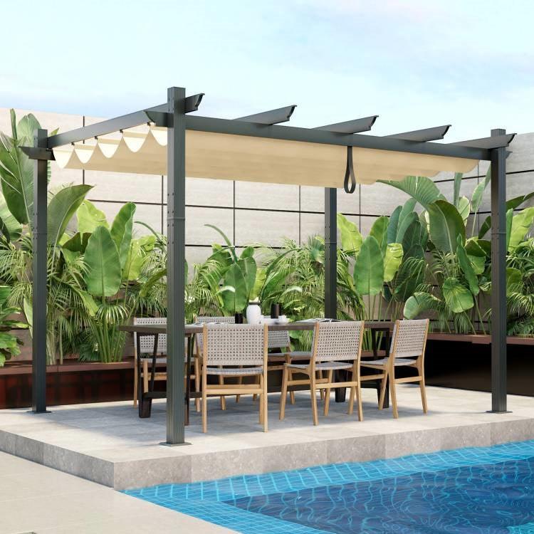 Modern 10 x 12 Ft Outdoor Sturdy Pergola Gazebo with Retractable Beige Canopy - PRHOMZ