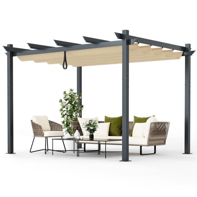 Modern 10 x 12 Ft Outdoor Sturdy Pergola Gazebo with Retractable Beige Canopy - PRHOMZ