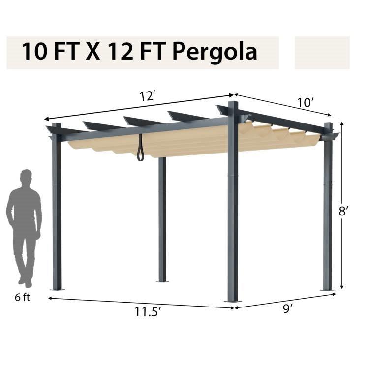 Modern 10 x 12 Ft Outdoor Sturdy Pergola Gazebo with Retractable Beige Canopy - PRHOMZ