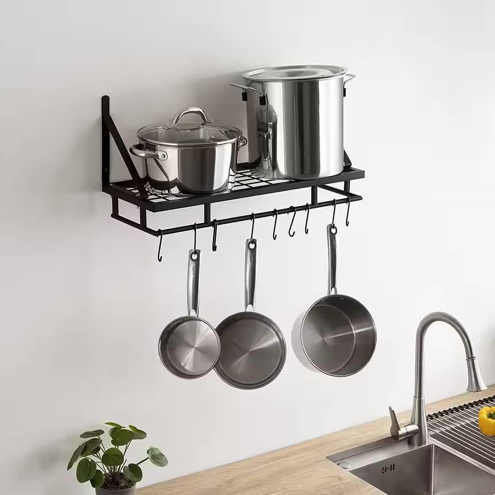 Matte Black Stainless Steel Wall Mounted Pot Rack with 10 Hanging Hooks - PRHOMZ