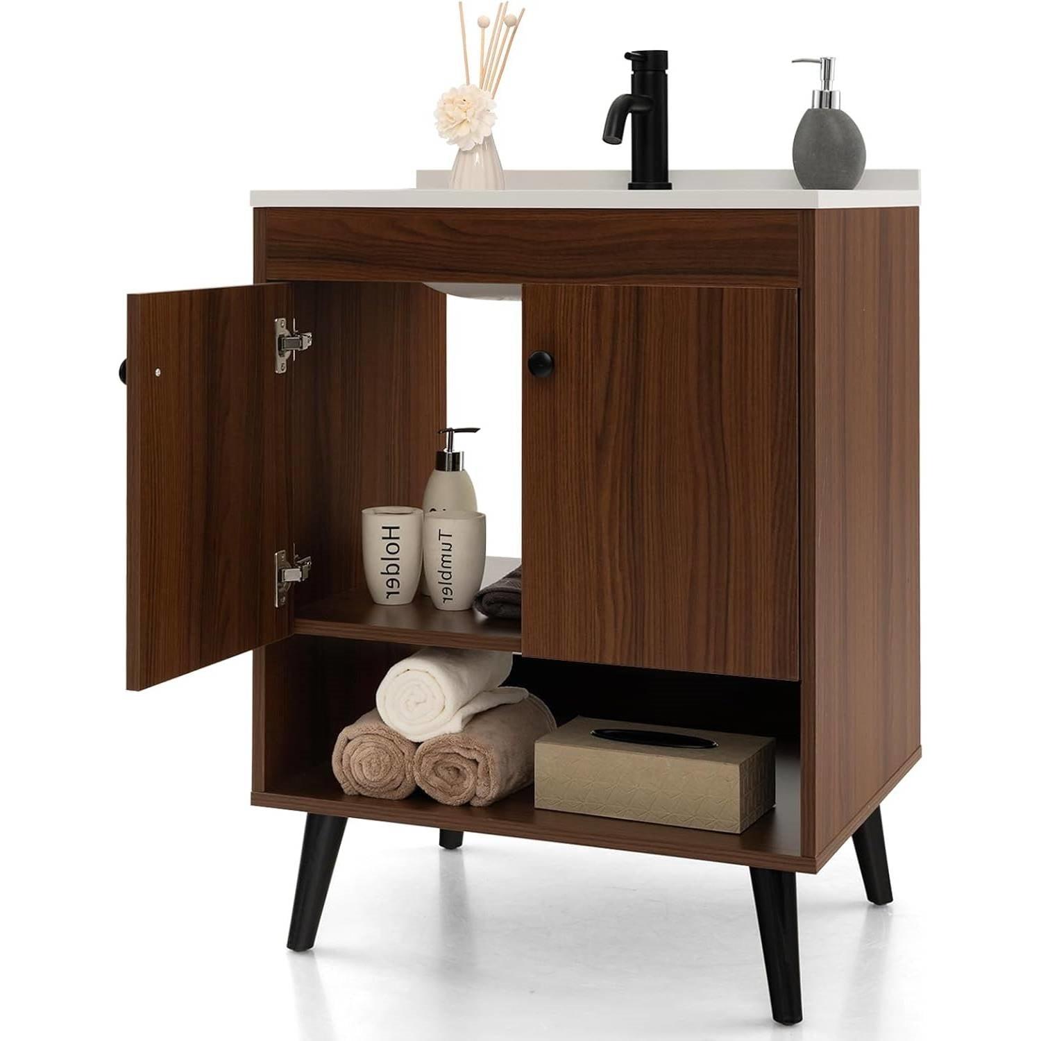 Mid-Century Modern Bathroom Vanity in Walnut Wood Finish with Sink - PRHOMZ