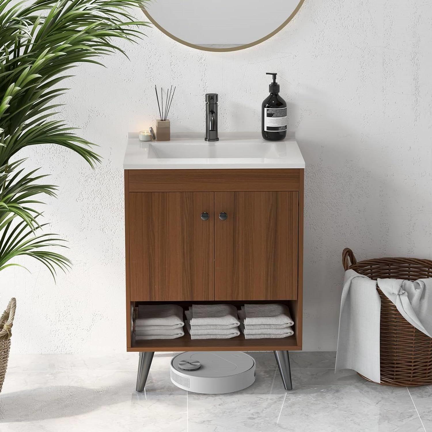 Mid-Century Modern Bathroom Vanity in Walnut Wood Finish with Sink - PRHOMZ